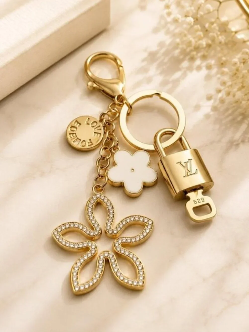 Authentic Louis Vuitton Gold Lock & Key ✨ Bag Charm Unbranded Flower Keychain
